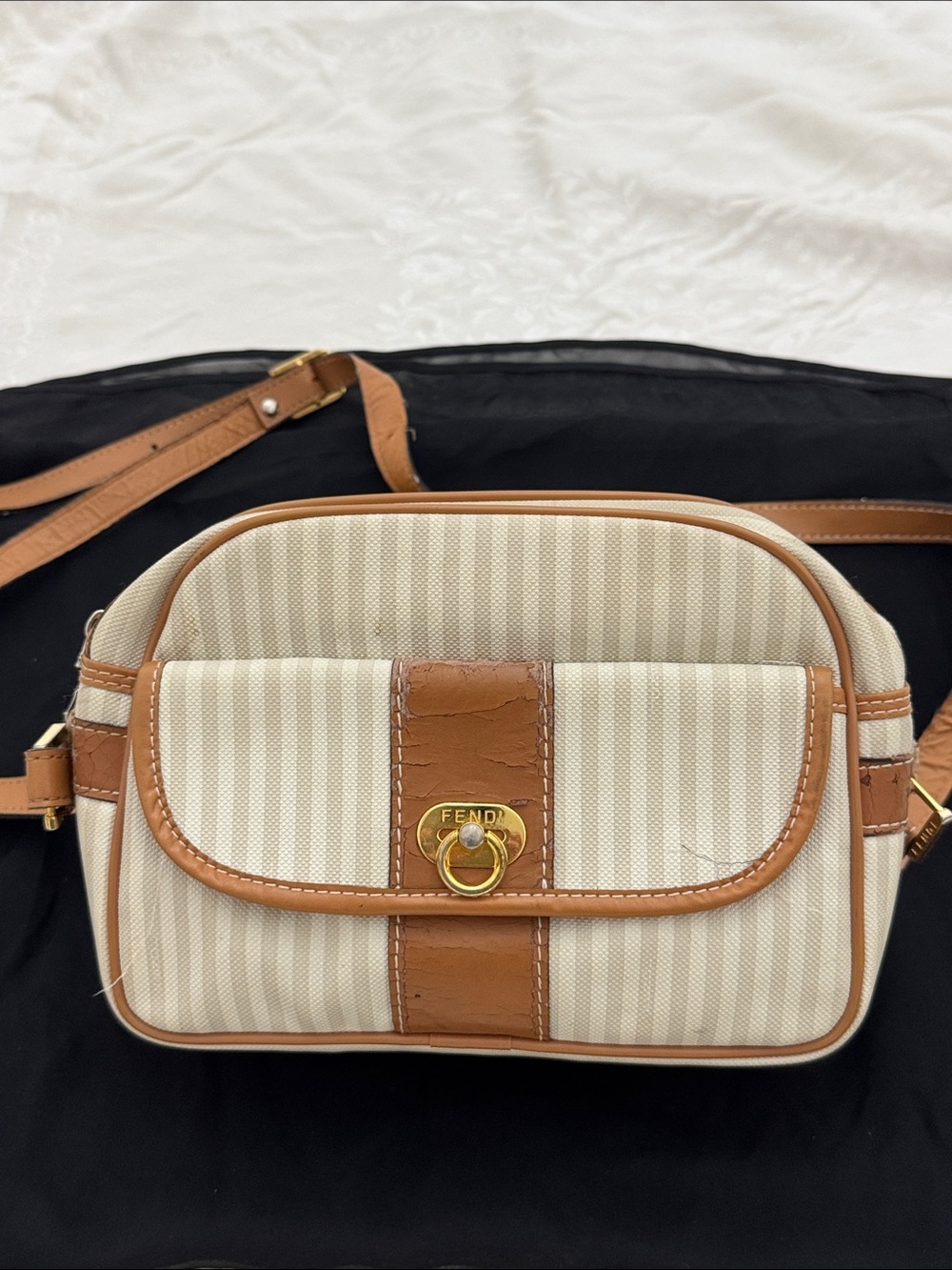 Fendi vintage Cream and Tan Striped Crossbody Bag needs restoration ☺️ (mlb)